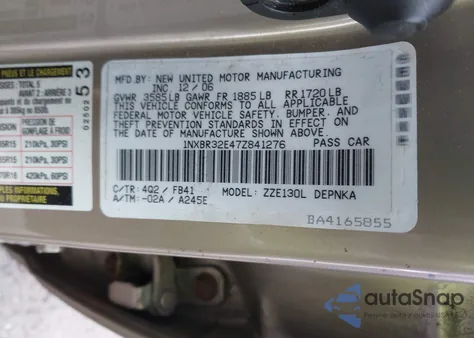 2007 Toyota Corolla Le из США, поврежденный, VIN 1NXBR32E47Z841276